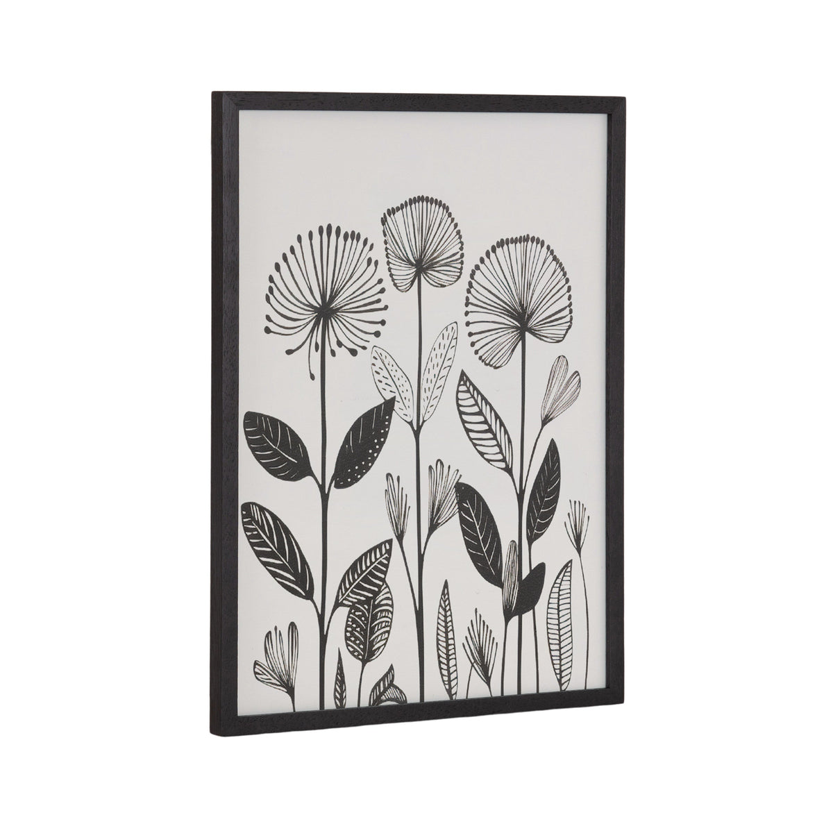 Black and white linocut print of stylized dandelion-like flowers with detailed leaves, framed in a thin black frame, shown at a slight angle.