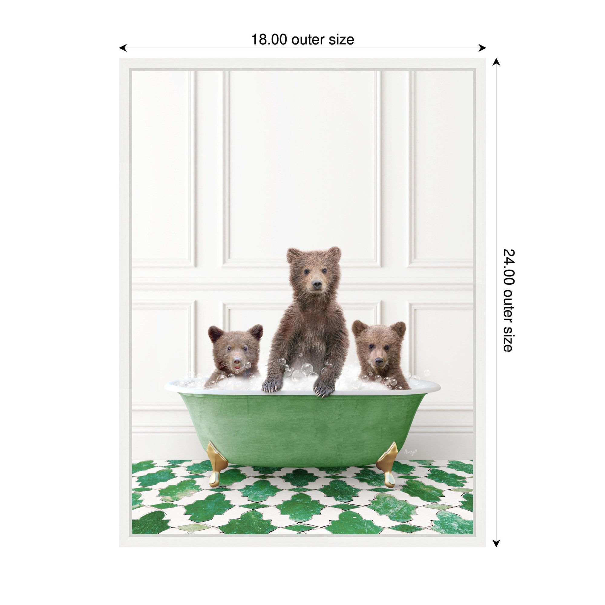 Sylvie Three Bear Cubs in Eclectic Green Panel Wall Bathtub Framed Canvas by Amy Peterson