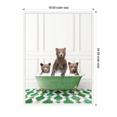 Sylvie Three Bear Cubs in Eclectic Green Panel Wall Bathtub Framed Canvas by Amy Peterson