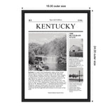 Framed black-and-white poster titled 'KENTUCKY' featuring two photographs, one of a waterfall surrounded by trees and another of a rural barn, with descriptive text about the state.