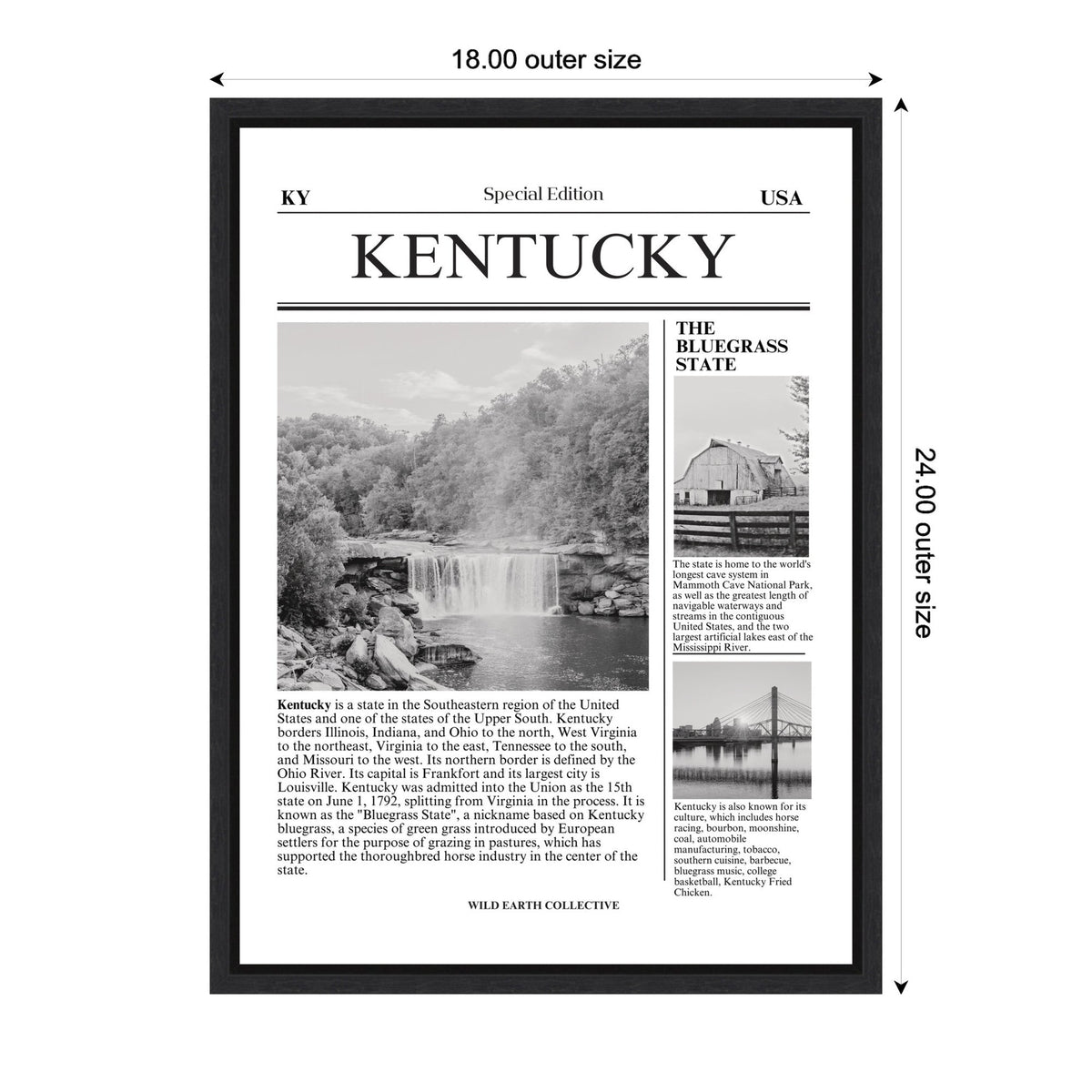 Framed black-and-white poster titled 'KENTUCKY' featuring two photographs, one of a waterfall surrounded by trees and another of a rural barn, with descriptive text about the state.