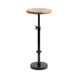 Round wooden tabletop with natural grain on an adjustable black metal stand featuring a round base and height adjustment knob.