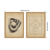 Two framed vintage-style illustrations on beige backgrounds, one depicting a detailed baseball glove with ball and the other a simplified baseball field diagram.