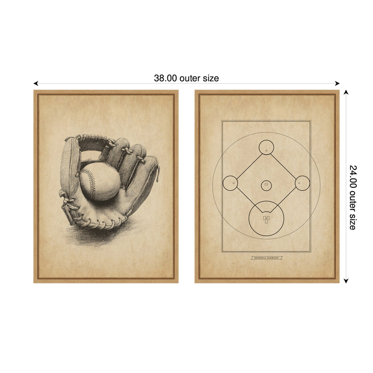 Two framed vintage-style illustrations on beige backgrounds, one depicting a detailed baseball glove with ball and the other a simplified baseball field diagram.