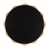 Round mirror with a natural wooden scalloped frame and black backing shown from the rear, featuring two metal hanging brackets.
