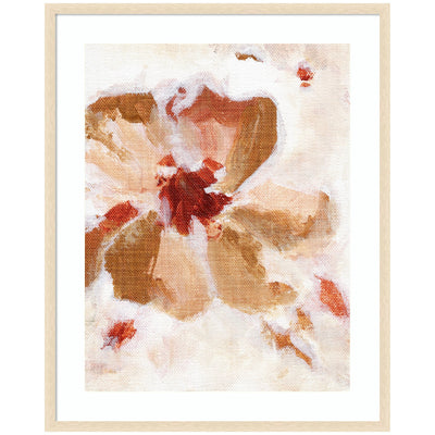 Framed modern contemporary art print titled Painterly Brown Blossom II featuring warm floral motif in brown, beige, and red hues