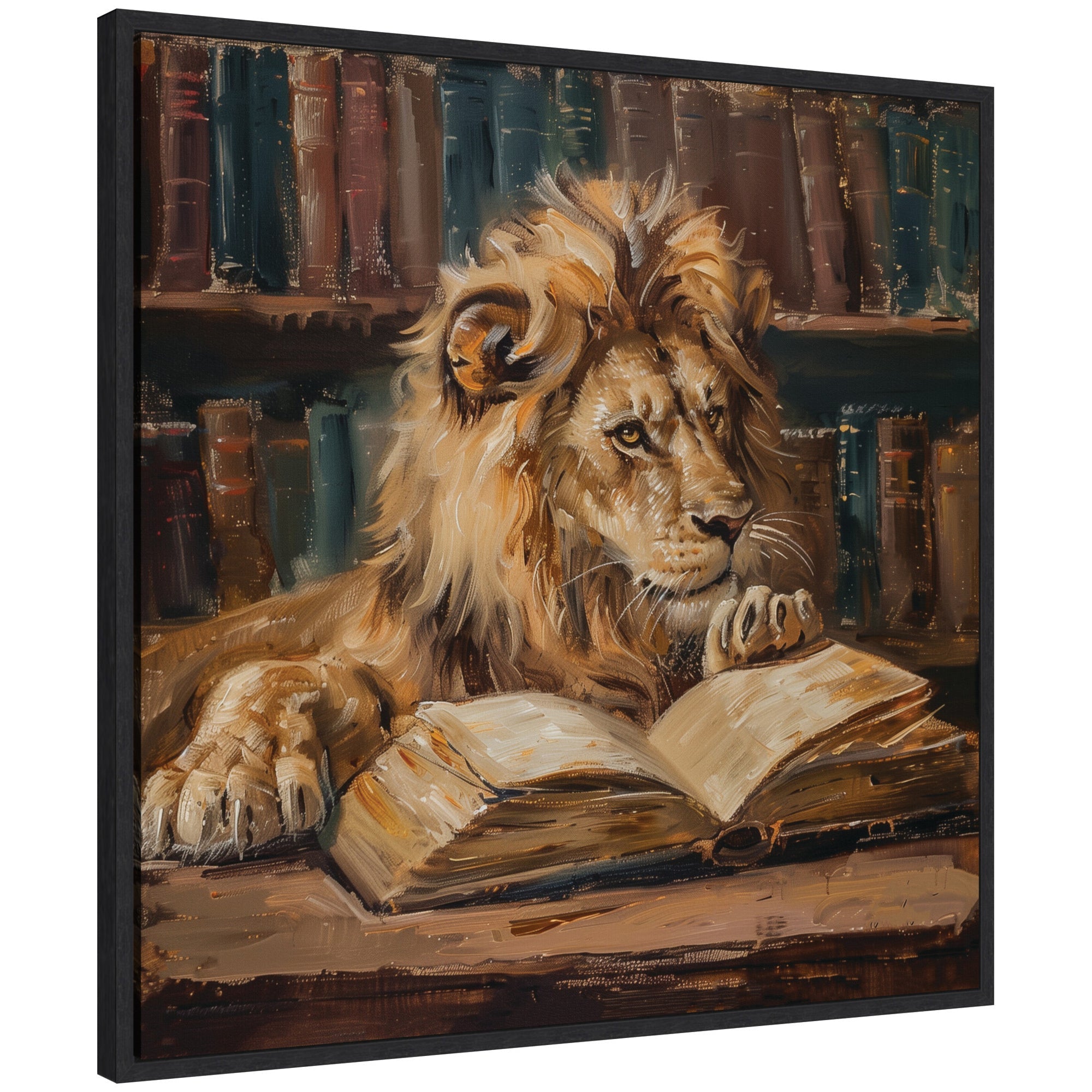 Framed canvas art showing a lion reading in a library setting