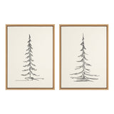 Two minimalist black ink sketches of tall, slender evergreen trees on off-white canvas, each framed in thin, light wood, displayed side by side against a white background.