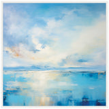Abstract coastal landscape painting with soft blue and white tones, featuring gentle clouds above a reflective, tranquil sea under a calm sky.
