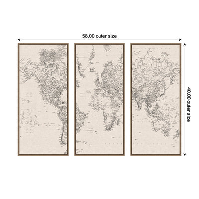 Vintage Black and White World Map Linen 3 Piece Framed Canvas Wall Art Set by The Creative Bunch Studio