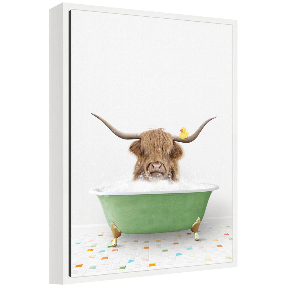 Sylvie Highland Cow in Green Bathtub on Colored Tile framed canvas art by Amy Peterson