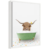 Sylvie Highland Cow in Green Bathtub on Colored Tile framed canvas art by Amy Peterson