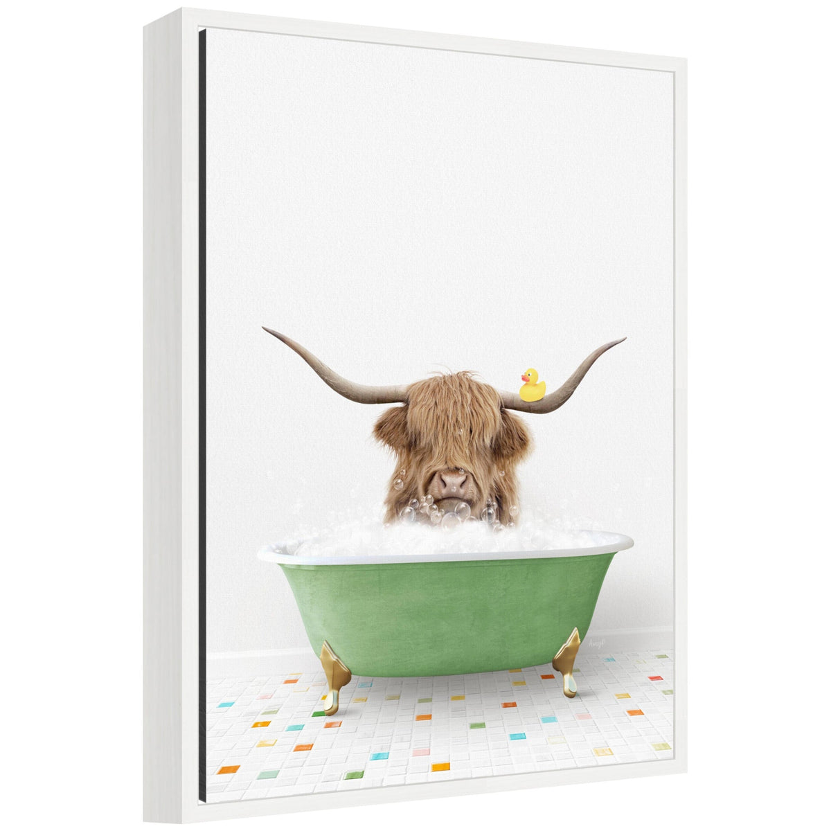 Sylvie Highland Cow in Green Bathtub on Colored Tile framed canvas art by Amy Peterson