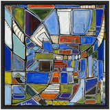 Abstract geometric painting with intersecting blocks of blue, green, orange, and white outlined in black, signed by Leah Nadeau in the bottom left corner.