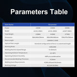 Parameters table comparing three models of handheld laser welders, listing power, weight, dimensions, wavelength, modes, speeds, temperature, humidity, welding specs, and voltage.