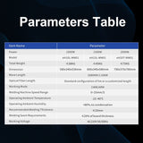 Parameters table listing specifications for three laser welder models, including power, weight, dimensions, and operating conditions in a blue and white grid against a dark patterned background.