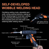 Black handheld laser welder gun with orange accents showing labeled parts including copper nozzle, scale tube, protective glass, motor, and switch button against a black background