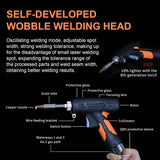 Black and orange self-developed wobble welding head for laser welding, labeled with parts like copper nozzle, focussing lens, motor, and QBH protective sleeve, shown horizontally.