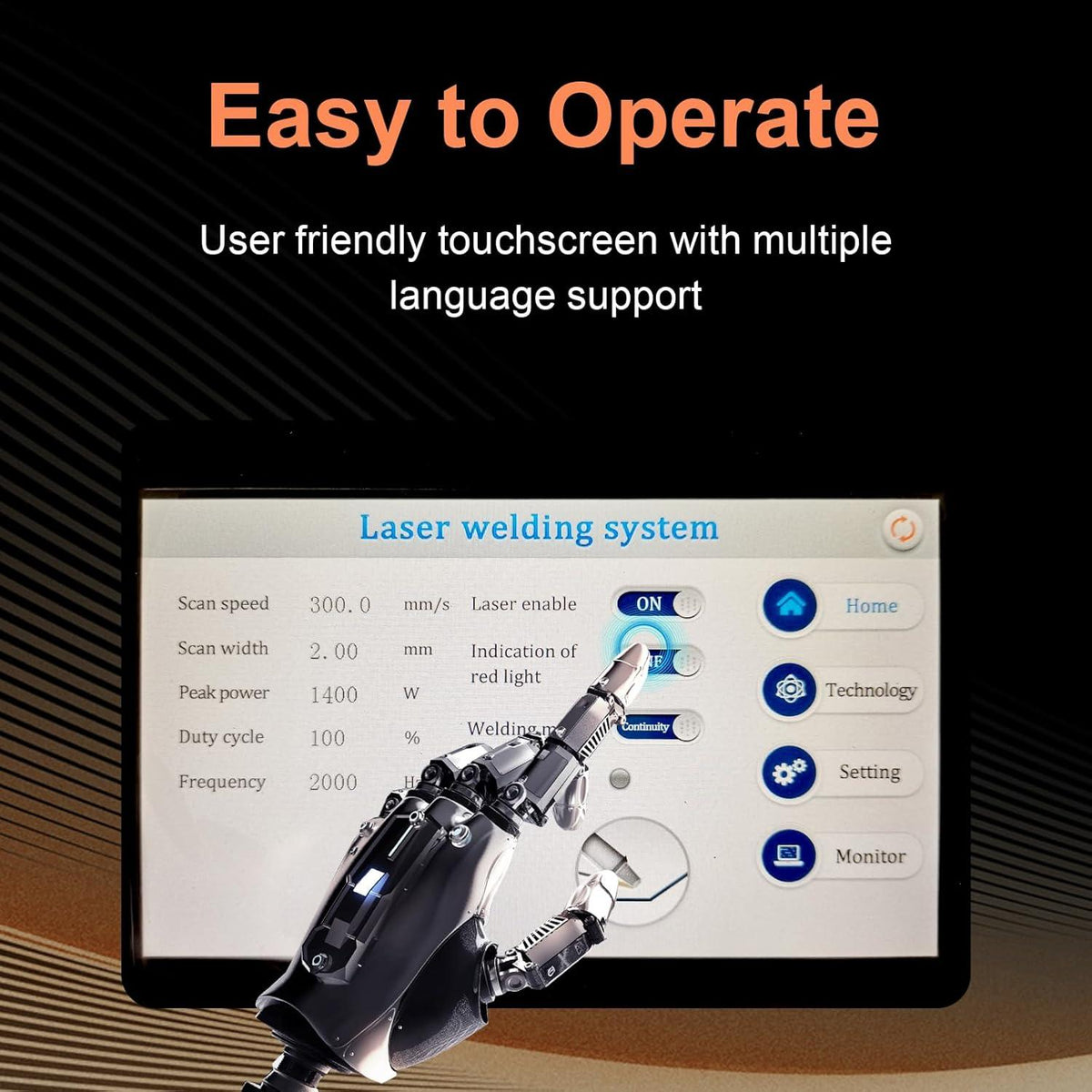 Black robotic hand operating a touchscreen displaying laser welding system settings with white background and blue text, all on a dark gradient background with easy operation instruction.