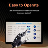 Robotic hand touchscreen interface displaying a laser welding system control panel with settings and toggle switches, labeled 'Easy to Operate','Multiple language support'.