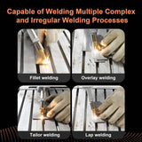 Four close-ups of a gloved hand holding a laser welding tool on metal surfaces showing fillet, overlay, tailor, and lap welding techniques under orange text on black background.