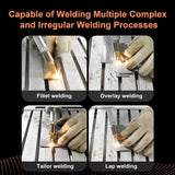 Four close-up shots showing a gloved hand using a handheld laser welding machine on metal surfaces for fillet, overlay, tailor, and lap welding, emitting bright welding sparks.