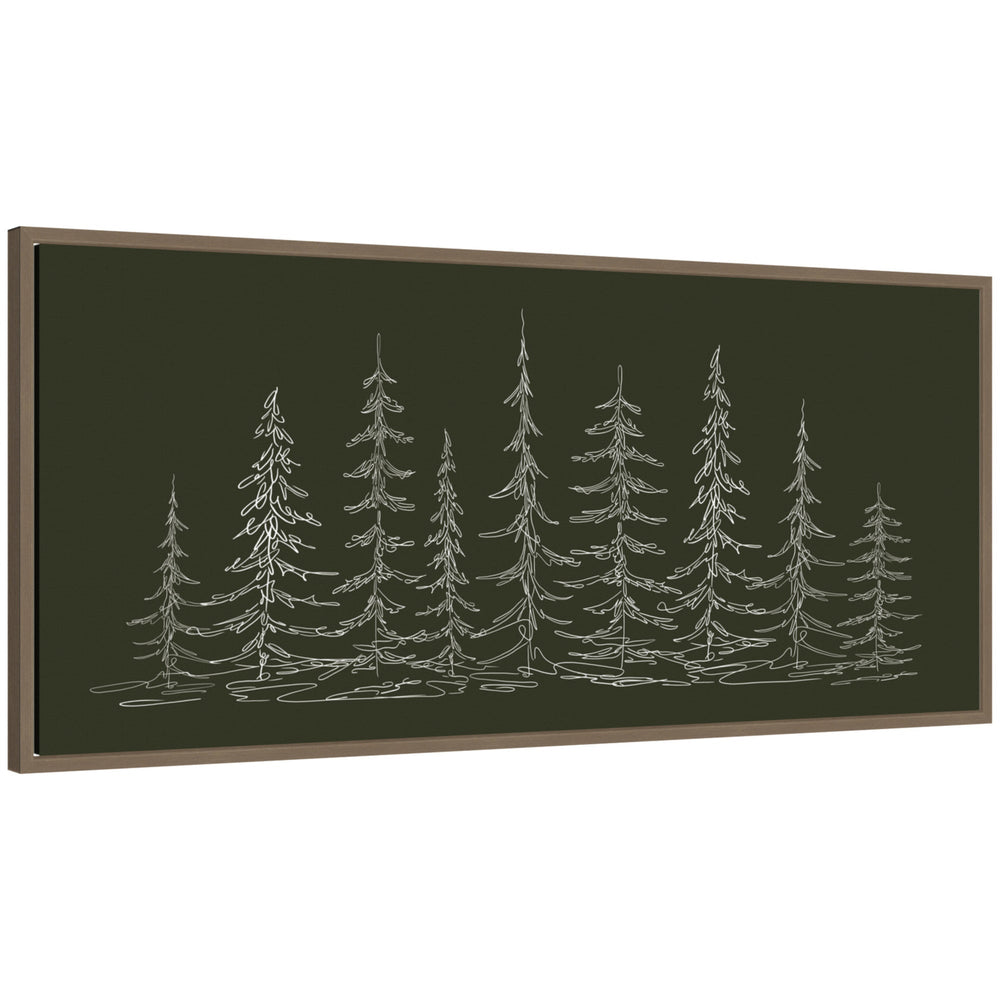 Framed minimalist sketch of evergreen trees on a dark background by The Creative Bunch Studio