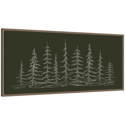Framed minimalist sketch of evergreen trees on a dark background by The Creative Bunch Studio