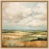 Abstract landscape painting featuring rolling hills with muted green and golden fields under a cloudy sky, framed in light wood.