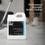 White plastic jug of MORE professional strength acidic cleaner on a tiled floor, with blurry mop handle in background, and product benefits text on right.