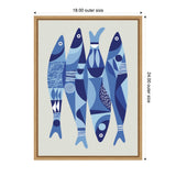 Framed canvas artwork featuring five abstract sardines in varying shades of blue with geometric patterns on a light gray background.