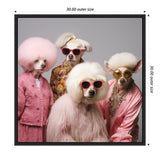 Four dogs dressed as stylish women with large wigs and sunglasses, wearing pink and floral outfits against a gray background.