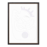 Abstract line drawing of a face with closed eyes and a crown-like shape in light lavender within a slim dark wooden frame on white background