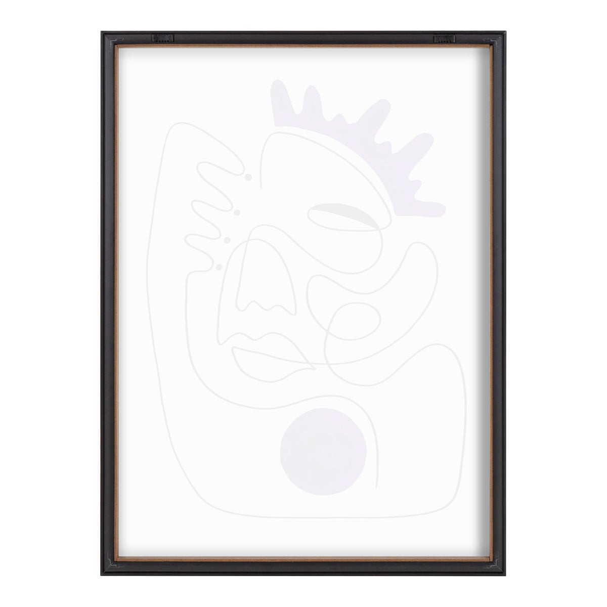 Abstract line drawing of a face with closed eyes and a crown-like shape in light lavender within a slim dark wooden frame on white background