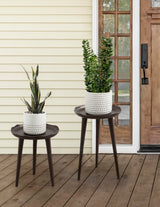 Two dark wood round plant stands of different heights holding white textured ceramic pots with green leafy plants, set on a wooden porch floor near a glass-paneled door.