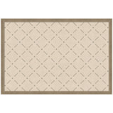 Rectangular beige fabric pinboard with a green diamond lattice pattern and small green accent stitches, framed by light brown wood molding.