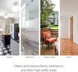 Four vertical panels showing various clean surfaces: a black-and-white checkered kitchen floor, a marble bathroom wall, an outdoor patio with terracotta tiles and a cushioned chair, and a floor with terracotta tiles and white pane