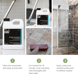 Collage showing a white container of MORE® Acidic Cleaner with mop, scrubbing a stone tile floor, and a modern tiled shower with glass door and rainfall showerhead.