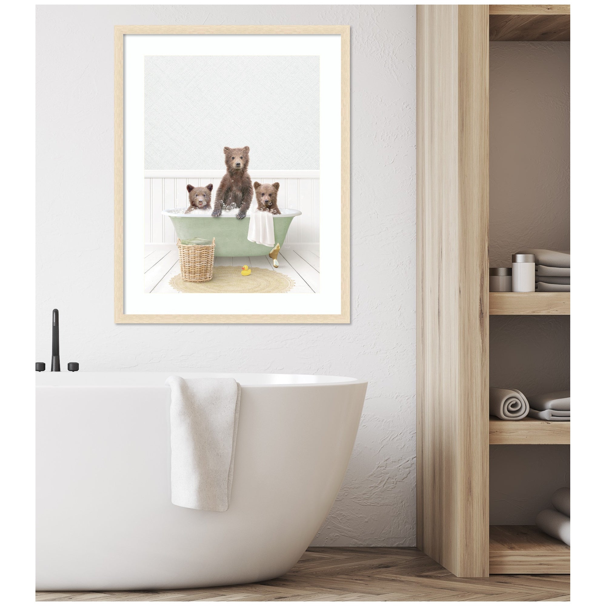 Three Bear Cubs in Cottage Green Bath by Amy Peterson Framed Wall Art Print