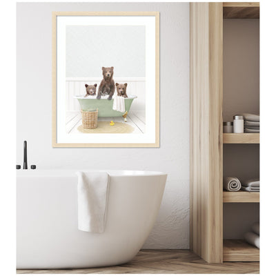 Three Bear Cubs in Cottage Green Bath by Amy Peterson Framed Wall Art Print