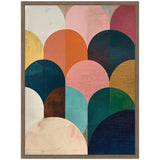 Abstract geometric canvas with overlapping, rounded shapes in jewel tones like teal, navy, rust, pink, mustard, and cream, framed in natural wood.