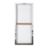 Back view of a rectangular canvas stretched over a wooden frame, showing white fabric and a horizontal wooden support bar in the center.