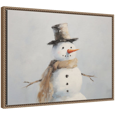 Sylvie Beaded Snowman Portrait framed canvas displaying a vintage-style beaded snowman wearing a purple hat and scarf, in a modern light frame.