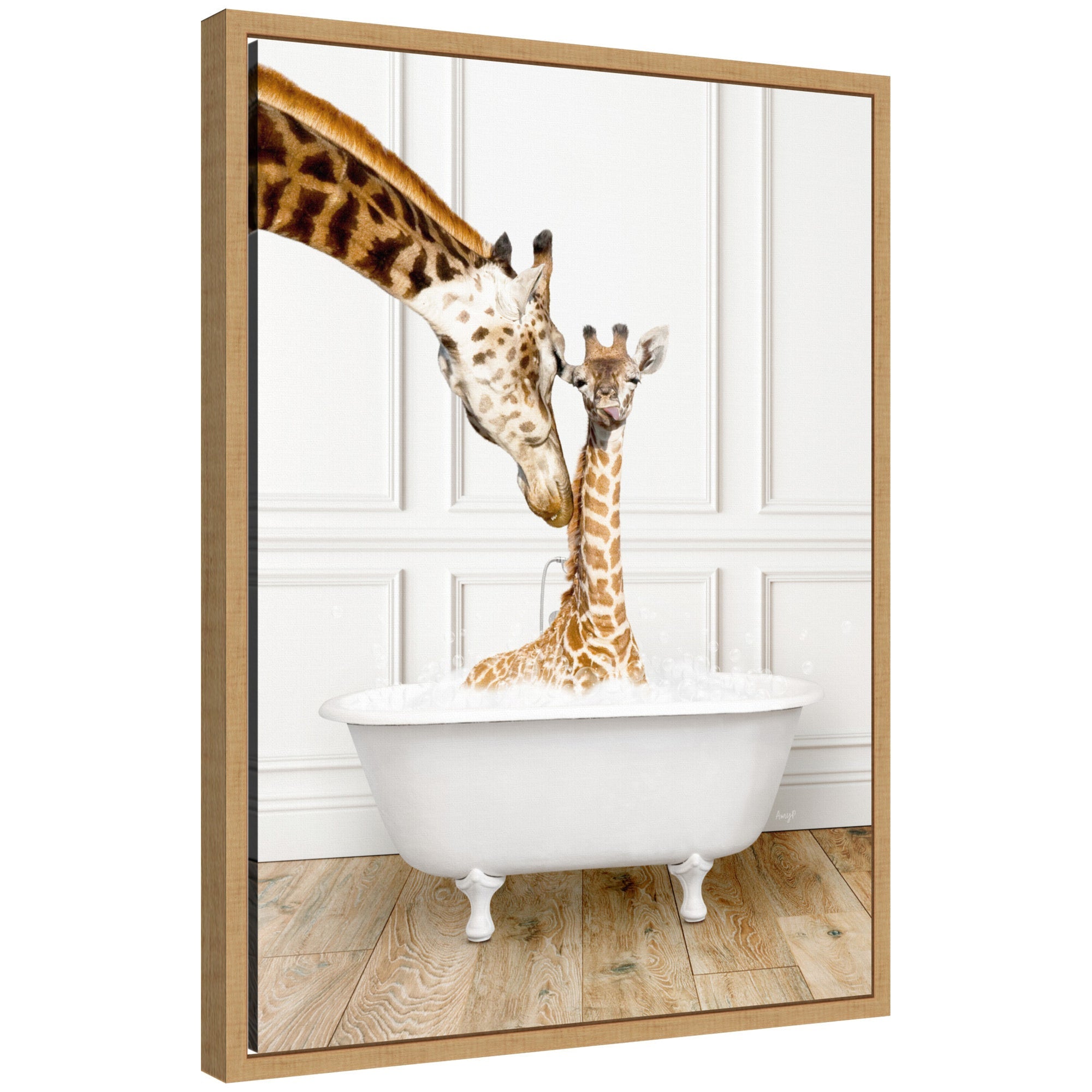 Framed canvas art showing a mother giraffe and baby giraffe sitting inside a traditional vintage bathtub