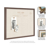 Rectangular linen pinboard designed like a vintage postcard with brown wood frame, displaying two black-and-white pinned photos on beige fabric background.
