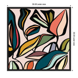 Abstract framed canvas artwork with bold black outlines and colorful stylized leaves in teal, mustard, coral, green, and muted pink on a pale background, 30-inch square.