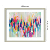Abstract horizontal painting with layered brushstrokes in vibrant colors including pink, orange, blue, teal, and gold on a light background, accented with white dots.