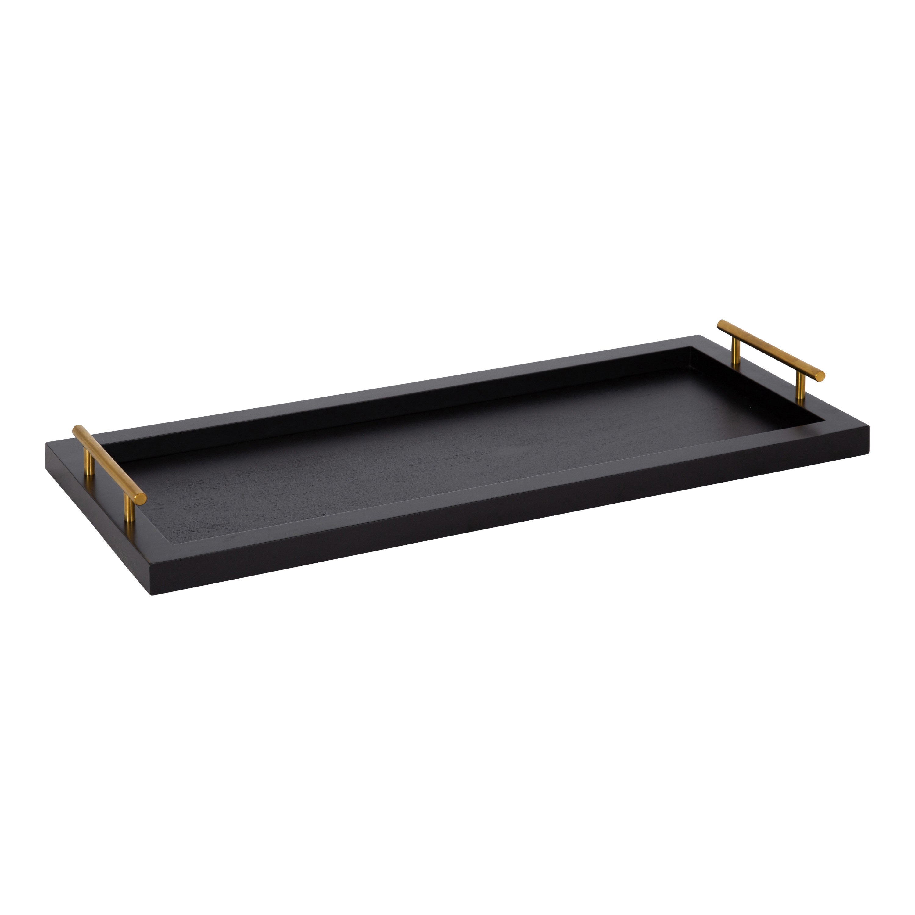 Halsey Rectangle Decorative Tray in a white finish with metal handles shown on a wooden surface