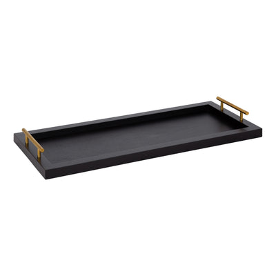 Halsey Rectangle Decorative Tray in a white finish with metal handles shown on a wooden surface