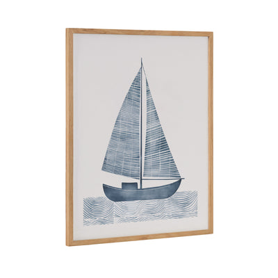 Framed Nautical Blue Sailboat Print showing a sailboat on calm waters in blue tones, displayed on a white wall with a wooden gallery frame